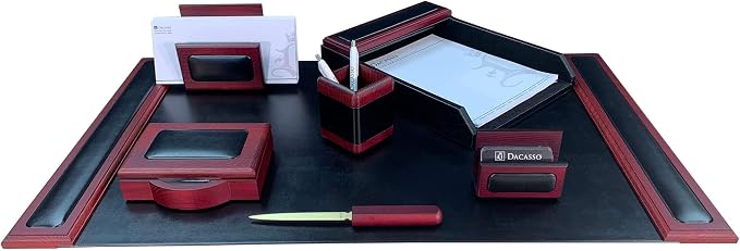 DACASSO Leather Desk Set - Luxury Leather Desk Pad& Desk Organization Essentials - Office Organization & Executive Desk Decor - (Rosewood and Black, 7 Piece)