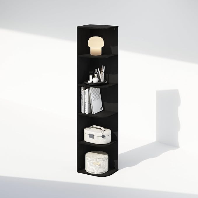 Furinno Reed Corner Shelf, 5-Tier Corner Bookshelf, Book Shelf, Corner Shelves, Storage Rack, for Organization and Storage, Home Office, Living Room, Blackwood