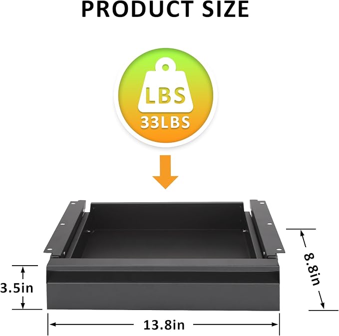 POPMOON 13.8 inch Under Desk Drawer Organizer Pull Out Metal Storage Drawer | Under Table Drawer with Silent Smooth Slide Rails, Carbon Steel Undermount Drawer, Black Powder Coated, Hold 33 Lbs