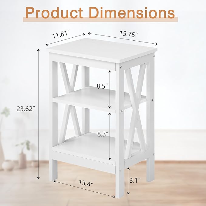 VECELO End Table, Bedside Table, 24" Tall Living Room End Tables, X-Design Reinforced Nightstands, Side Table with 3-Tier Storage Shelves for Small Spaces, Office, Bathroom, Bedroom, Pearl White
