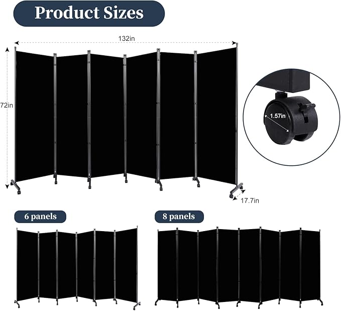 Room Divider Folding Privacy Screens with Lockable Wheels, 132'' Partition Room Dividers Freestanding Room Divider Fabric Panel for Room Separation, Wall Divider for Home Office Bedroom Dorm Decor