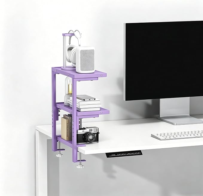 2-Tier Desk Shelf | Desk Organization Expandable Clamp on Desk Shelf Desktop Accessories for Offices and Game Rooms (Purple)