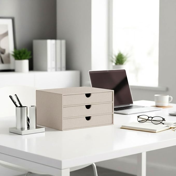 UnionBasic Document Organizer, 3-Drawer File Cabinet Document Storage Box, Office Desktop Filing Organizer, Beige