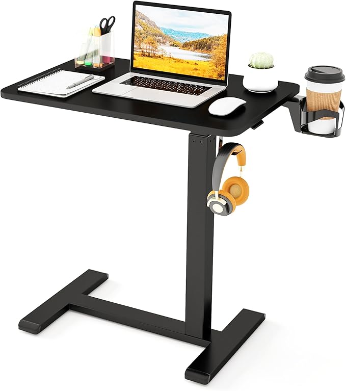Tangkula Mobile Standing Desk, Pneumatic Height Adjustable Rolling Desk with Cup Holder & Headphone Hook, Overbed Table with Hidden Wheels, Laptop Computer Cart for Couch, Home, Office (Black)
