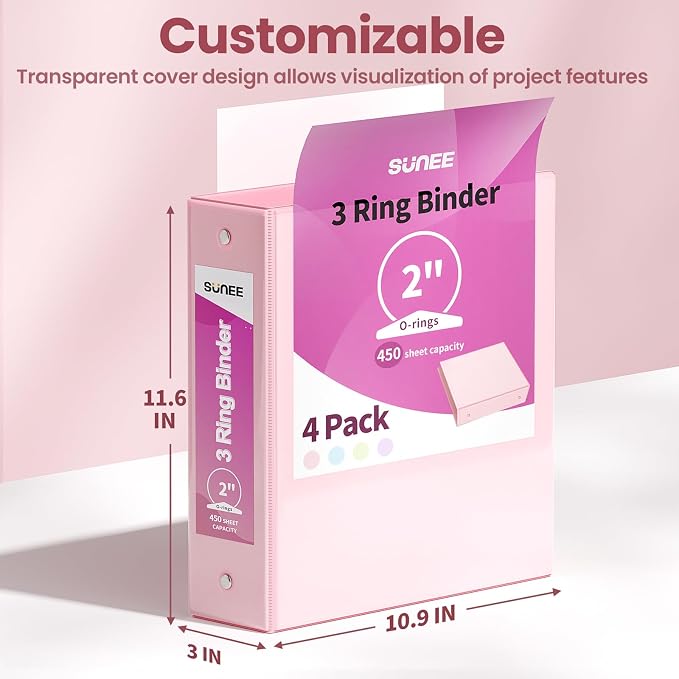 SUNEE 3 Ring Binders 2 Inch 8 Pack, Clear View Binder Three Ring PVC-Free (Fit 8.5x11 Inches) for School or Office Supplies, Assorted Pastel