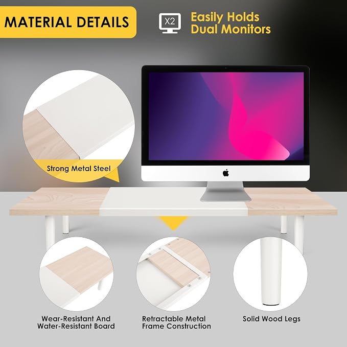 Across-Star Dual-Monitor-Stand-Riser-For-Desk Adjustable Length 32-40 Inch，Large Desktop Computer Monitor Riser For 2 Screens，Desk Shelf Organizer Riser Stand For Computer/Laptop/PC/Printer/TV Black