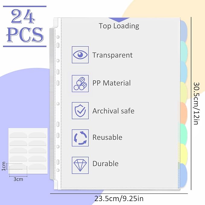Binder Dividers & Sheet Protectors for 2/3/4 Ring Binder - 3 Sets of 24 Pack A4 Plastic Sleeves with 8 Tab Binder Sleeves, Clear Page Protectors for School, Home & Office Organization