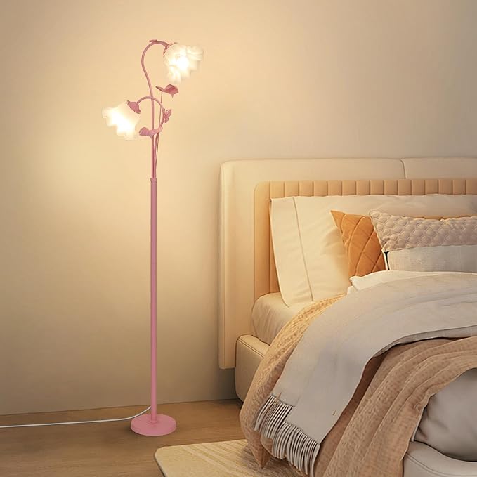 HMVPL Pink Flower Floor Lamp, Floral Standing Lamp with 2 LED 5W Blubs, Foot Switch, Modern Corner Tall Lamp with Acrylic Shade, Girls Cute Floor Lamp for Living Room Bedroom Office Kids Reading