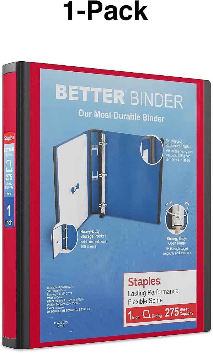 Staples Heavy-Duty 1-Inch D-Ring Binder, Red, Removable Spine Label | Durable polypropylene cover built for school and office document storage.