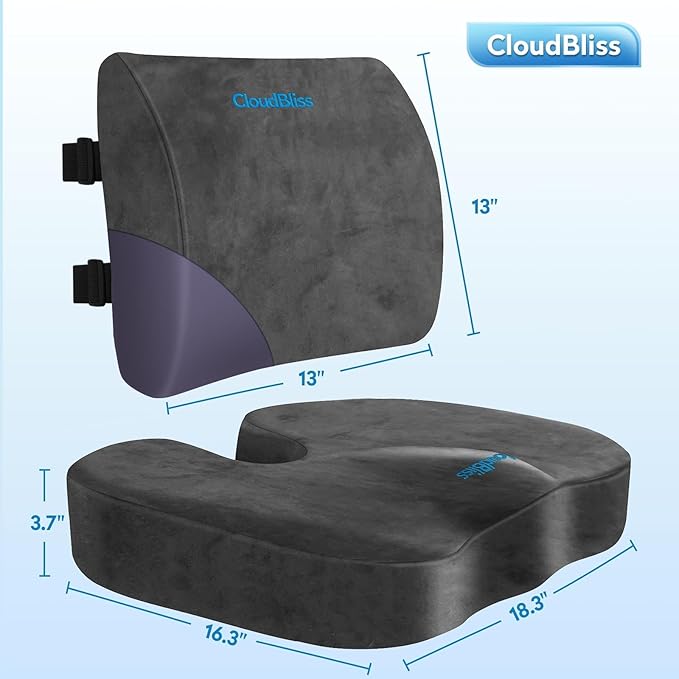 CloudBliss Seat Cushion,Office Chair Cushion,Car Seat Cushion,Lumbar Support Pillow for Office Chair,Back Support Memory Foam Pillow Coccyx Cushion for Tailbone Pain&Sciatica Pain Relief,Grey,X-Large