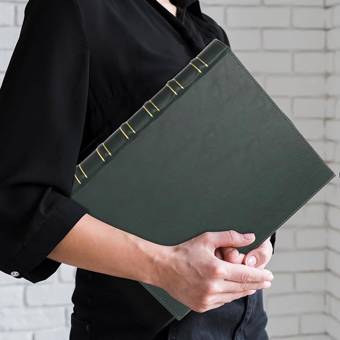 LETVPVOW Vintage Hardback 3 Ring Binder 1 Inch, Professional Leather Binder 3 Ring, Three Ring Binders Fits 8.5" x 11", D Ring Binders for Photo Album, Home, School and Office Supplies- Dark Green