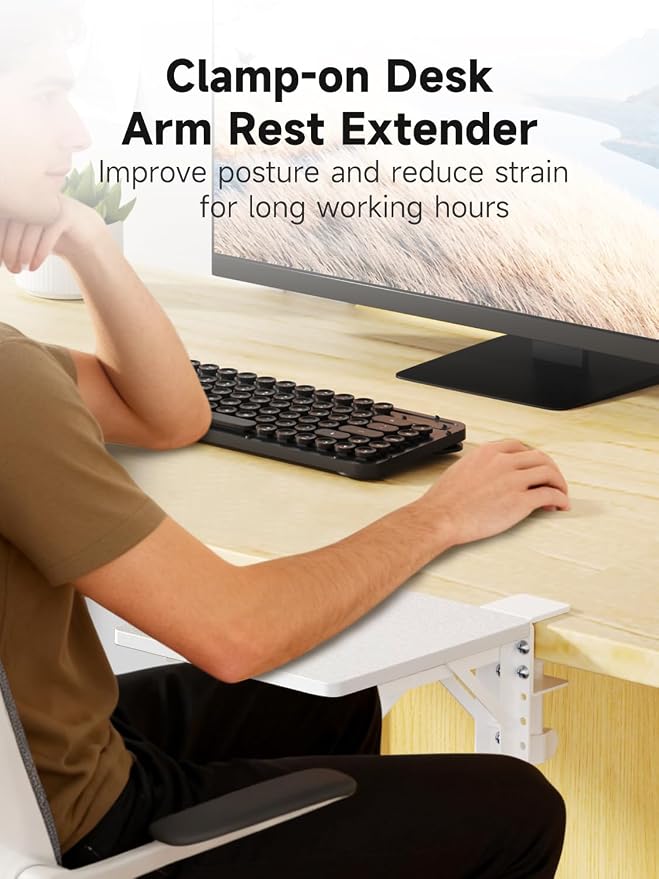 suptek Ergonomics Desk Extender Tray, 9.5"x9.1" Clamp on Table Mount Arm Wrist Rest Shelf, 90° Foldable Computer Arm Rest for Desk, White, DSF3W