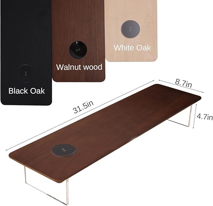 SUIBIAN Elegant Wood & Acrylic Monitor Stand with 15W Wireless Charging – 31.5" Large Desk Riser for Ergonomic View, Desktop Organizer, Laptop & PC | Modern Floating Design(Walnut Wood)