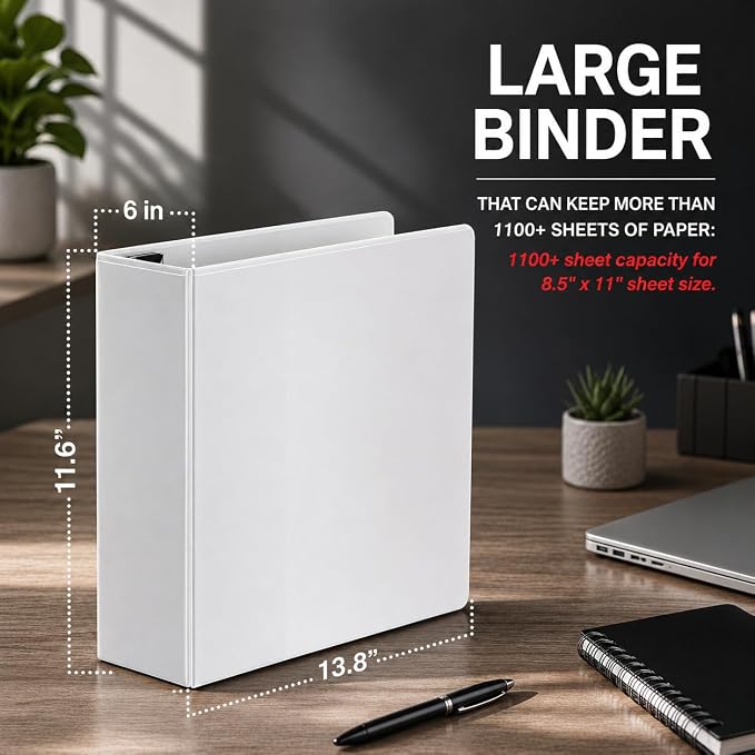 4 Pack 6 Inch 3 Ring Binder, Locking D-Ring, Holds 1100+ Sheets, White | Heavy Duty PVC-Free with Pockets, Fits 8.5 x 11 Inch, Clear View Customizable Cover, for Legal Files - Ring Binder Depot
