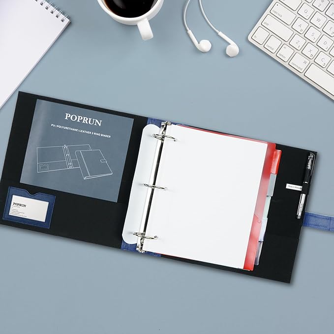 POPRUN 1.5 Inch PU Leather Portfolio Binder, Letter Size, Blue | 1.5" Ring, Letter Size, PU Leather, Dividers, Card Slots, Storage Pockets, Business, Office