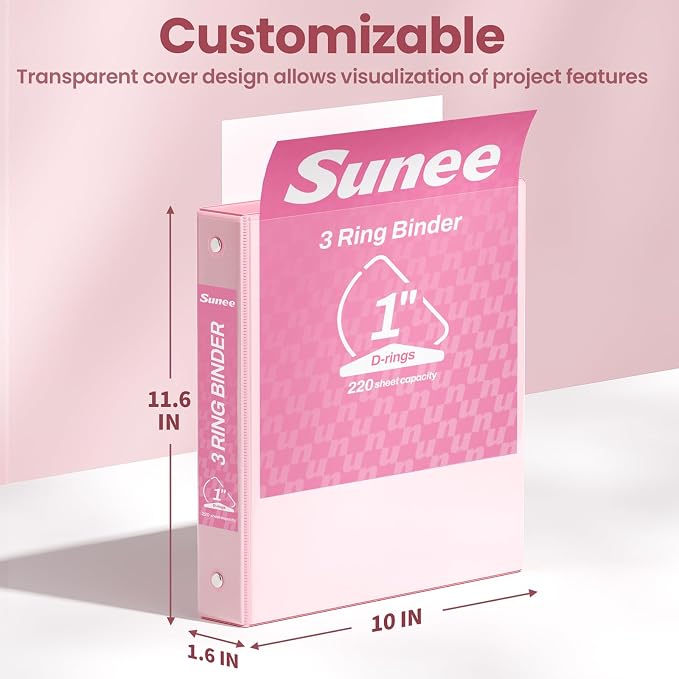 SUNEE 3 Ring Binder, 1 Inch D Ring, Clear View PVC-Free (Fit 8.5x11 Inches), Pink, 1 Pack