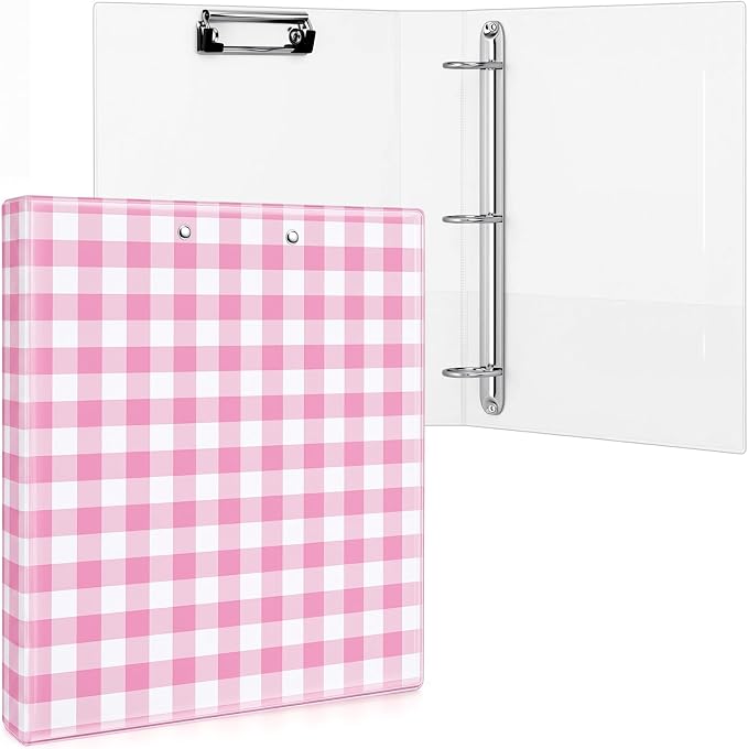 Colarr Pink Gingham 3 Ring Binder 1 Inch with Clipboard Interior Pockets, Cute Preppy Round Ring Binder for Office Supplies & File Folder Organization