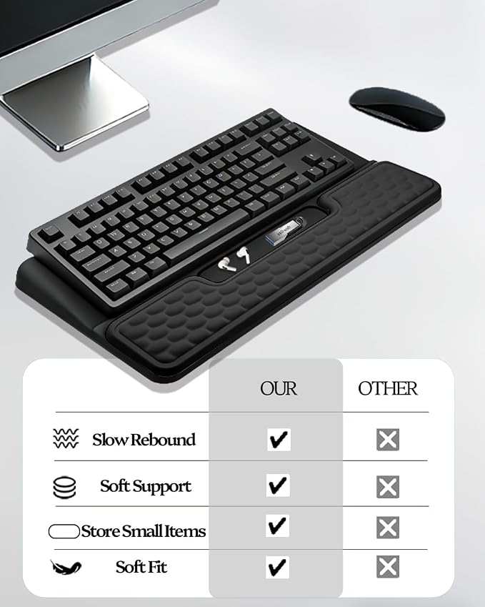 Wrist Rest for Computer Keyboard, 2 in 1 Keyboard Wrist Support Pad, Memory Foam Keyboard Riser Holder Lift Tray with Wrist Pad for Easy Typing for Office Desk, Home, School (Square Black)