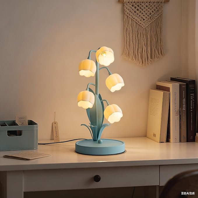 WERFOP Flower Table Lamp, Lily of The Valley Lamp for Bedside Accent 3 Color Modes Cottagecore Soft Reading Night Light for Bedroom, Corner, Dorm, Entrance Home Vintage Decor (Powder Blue)