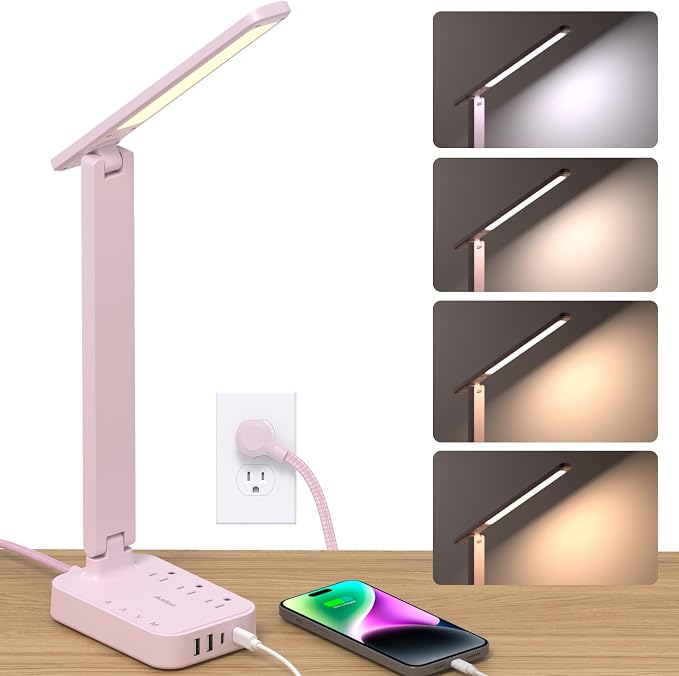 Addtam LED Desk Lamp, Power Strip with 3 Outlets 4 USB Charging Ports(2 USBC), 4 Modes 5 Level Brightness Touch Lamp, Small Desk Lamp for Home Office College Dorm Room Essentials, Pink