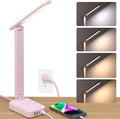 Addtam LED Desk Lamp, Power Strip with 3 Outlets 4 USB Charging Ports(2 USBC), 4 Modes 5 Level Brightness Touch Lamp, Small Desk Lamp for Home Office College Dorm Room Essentials, Pink