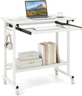 GIANTEX Rolling Computer Desk, Mobile Portable Desk with Keyboard Tray & Wheels, Laptop PC Table Cart with Shelf & Hooks, Industrial Small Desk for Small Spaces, Home Office, Bedroom, White
