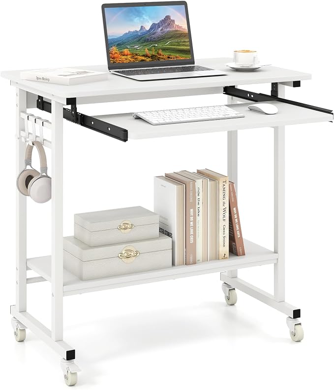 GIANTEX Rolling Computer Desk, Mobile Portable Desk with Keyboard Tray & Wheels, Laptop PC Table Cart with Shelf & Hooks, Industrial Small Desk for Small Spaces, Home Office, Bedroom, White