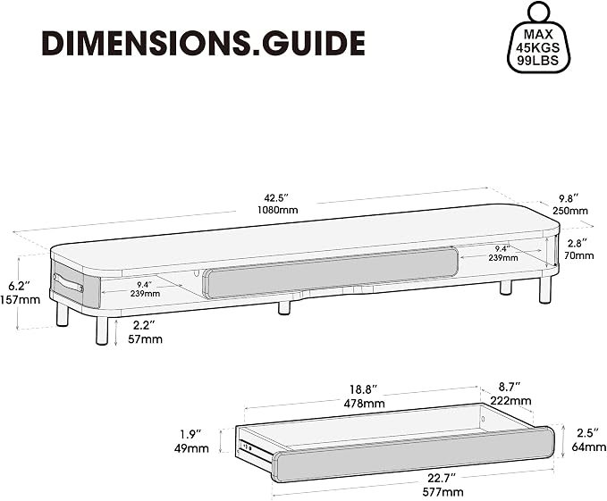 Fenge Dual Monitor Stand with Large Storage Drawer, 42.5" Dsek Shelf, White | Slide-Out Drawer with Wood Grain Finish, Ergonomic Monitor Riser, Aluminum leg, 2-Tier Desk Organizer for Laptop, TV, PC