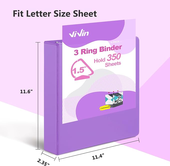 ViVin Sturdy 1.5 Inch 3 Ring Binder with 2 Pockets, 6 Pack, Purple | Slant-D Ring Binder, PVC-Free, Customizable Clear View Binder,Holds 350 Sheets of 8.5" x 11" Paper for Office, Home, School