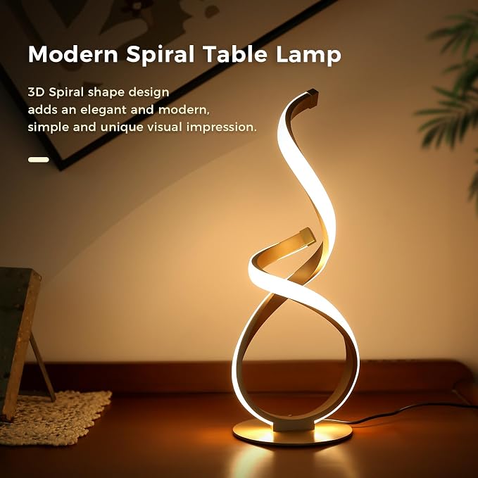 Unique Bedside Table Lamp, LED Touch Dimmable Spiral Desk Light | 3 Color Temperature Modern Nightstand Light, Side Light for Living Room, Bedroom, Gold