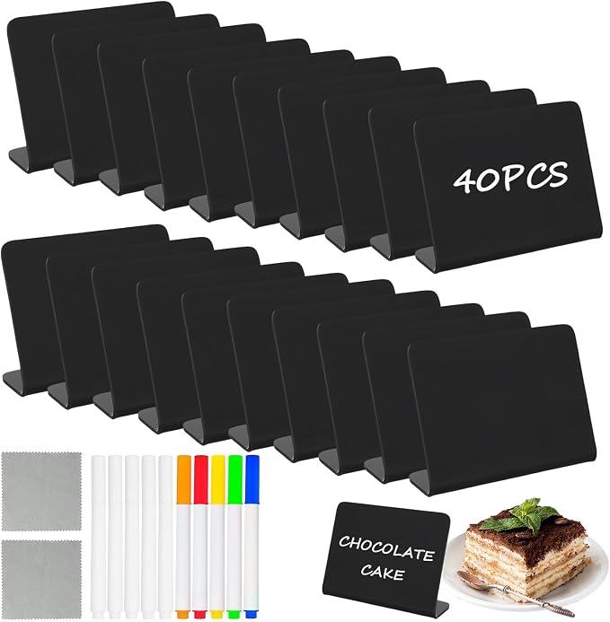 Pintuson 40 Pack Mini Chalkboard Signs for Food, Food Labels for Party Buffet, Reusable Table Signs, Food Tags, Catering Supplies Buffet Display, Place Cards, Easy to Write and Wipe
