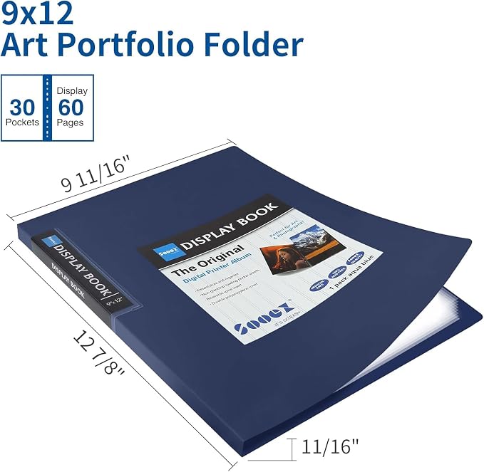 Sooez 30-Pocket Binder with Plastic Sleeves 9x12, Heavy Duty Art Portfolio | Folder with Clear Sheet Protectors, Display 60 Pages, Presentation Book for Artwork, Document Organizer Binder, Navy Blue