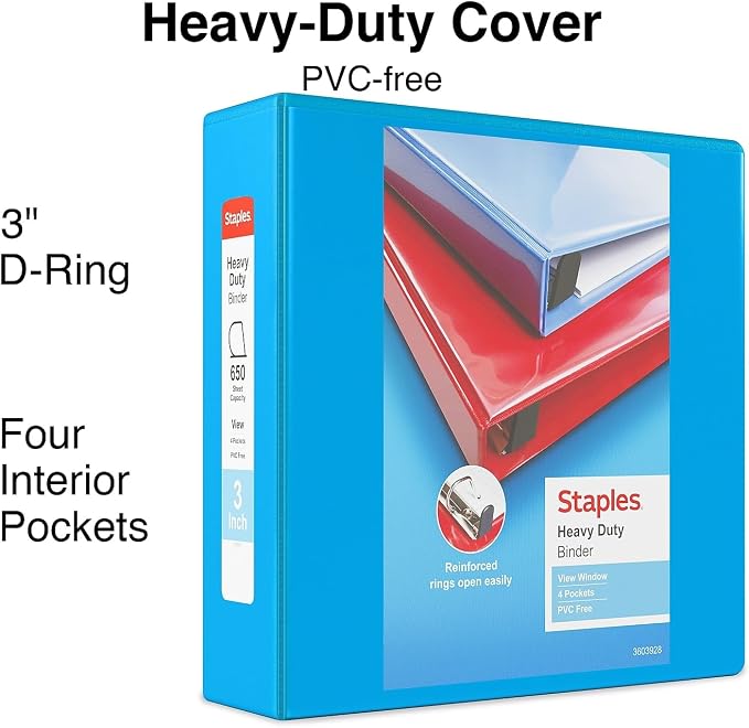 Staples Heavy Duty 3‑Inch 3‑Ring View Binder, Light Blue, Durable D‑Rings, Four Interior Pockets, Clear Overlay, High‑Capacity Storage, 2‑Pack