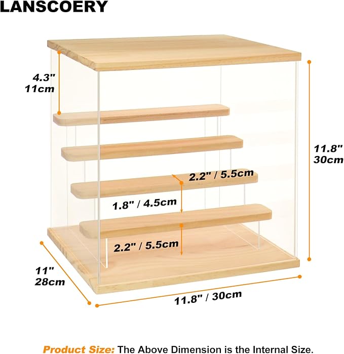 LANSCOERY Acrylic Display Case with RGBW Lights, 5 Tier Wood Finish | 11.8 x 11 x 11.8 in case displays small figures on desks or shelves with tiered rows and front access.