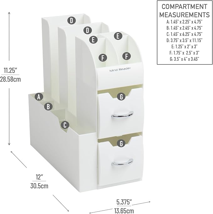Mind Reader Cup and Condiment Station, Countertop Organizer, Coffee Bar, Kitchen, Stirrers, 5.375"L x 12"W x 11.25"H, White
