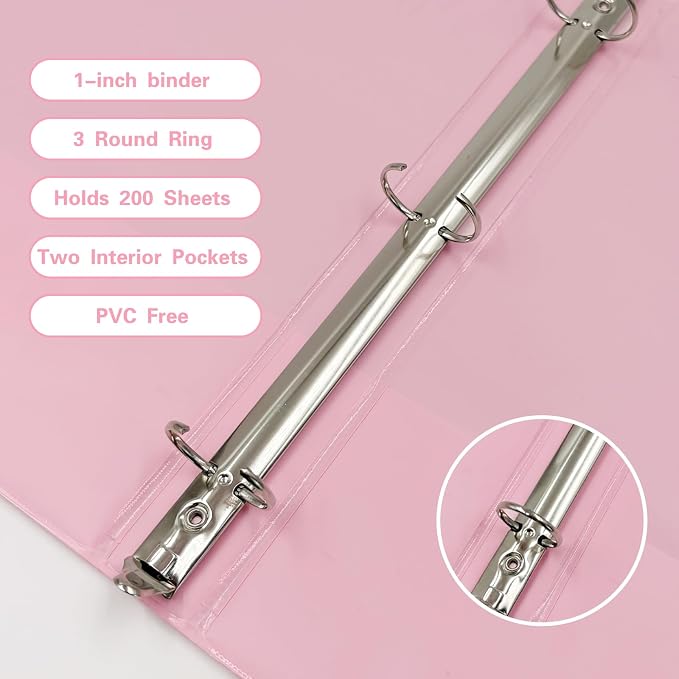 1 Inch 3 Ring Binder with Pockets - 6 Pack Binders Bulk for US Letter Size Paper, Multicolor for Office, Home,Work,School Use(Pink Binder)