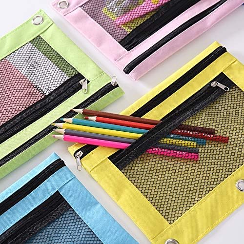 3 Ring Pencil Pouch, Binder Pencil Pouch with Zipper and Mesh Window,8pack 8colors