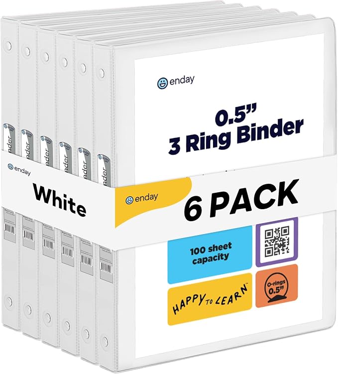 Enday 1/2 inch Binder 3 Ring Binder (6 Pack - White) O-Ring Binder with Clear View Cover and 2 Inside Pocket - for Letter Size 8.5 x 11'' Paper, Ideal for School Supplies, Office, and Home