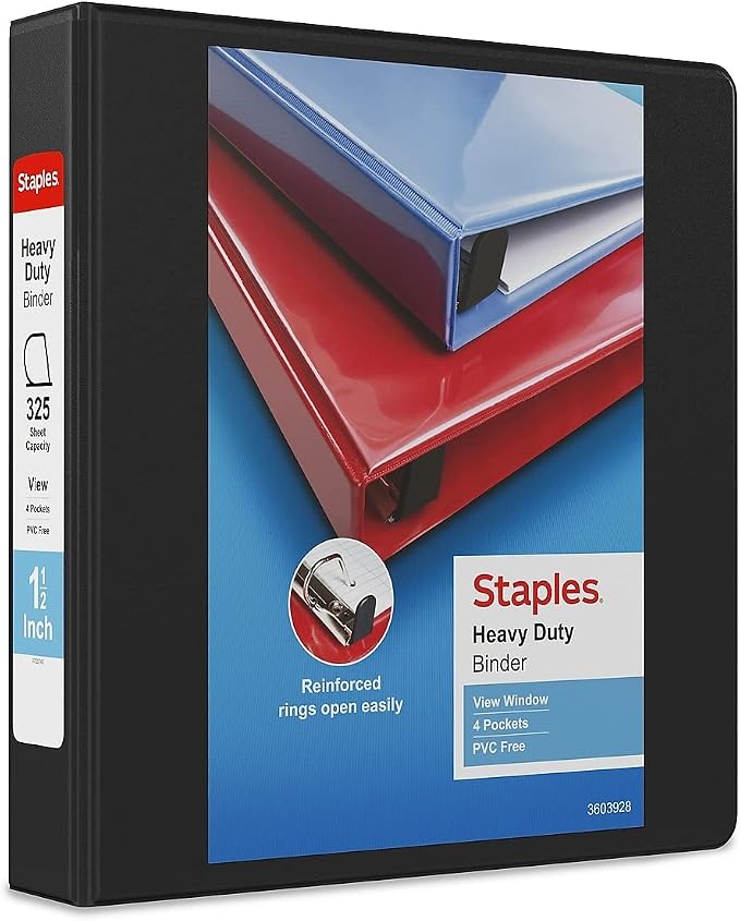 Staples Heavy-Duty 1.5-Inch D-Ring View Binder, Black, 350 Sheets | Reinforced spine for durable everyday school and office storage.