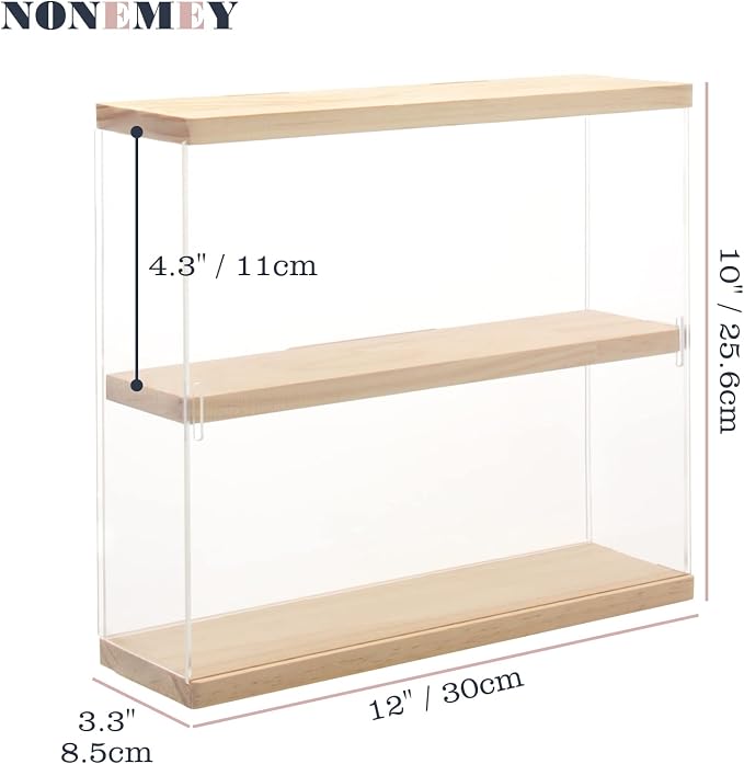 NONEMEY Clear Acrylic Display Case Stand 2 Tier Storage Box Wall Mount Showcase Dustproof Organizer Box for Collectibles (2Tier 12×3.3×10inch)