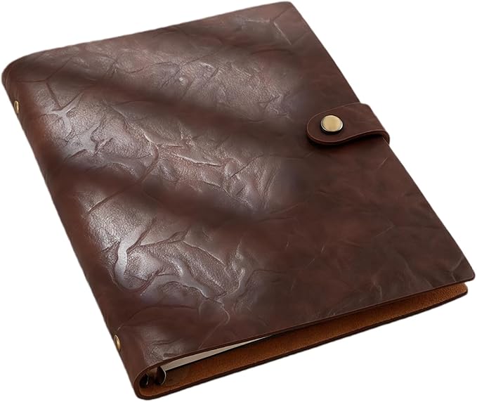 Refillable A5 Leather Binder Journal Soft Cover Notebook, Vintage Crinkled Leather Organizer with 6 Ring Binder, 148 Lined Loose Leaf Pages, Pen Holder, Pocket & Card Slots, for Work Study Daily, Coffee