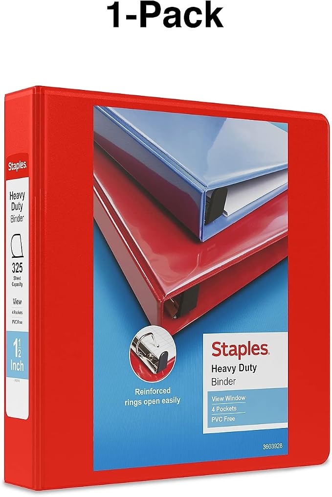 Staples Heavy-Duty 1.5-Inch D-Ring View Binder, Reinforced Spine, Holds Up to 350 Sheets, Red, for Office & School