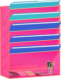 Gelite Hanging File Organizer Acrylic Wall File Holder for Office Vertical Paper Organizer Wall Mounted Magazine Rack, 5 Pockets, Neon Pink