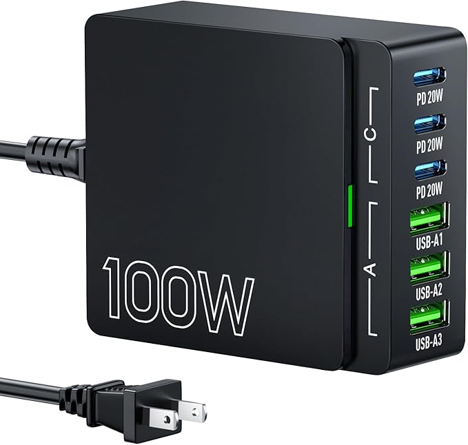 USB C Charger Block Charging Station: 100W 6 Port GaN Fast Charging Brick Hub Cube Box - PD 3.0 Type C & USB A Wall Charger Power Adapter for All iPhone 17 iPad Samsung Android Pixel Series