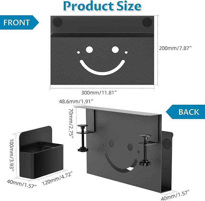 Onemake Desk Side Storage, Funny Smile No Drill Laptop Holder, Clamp on Desks Shelf with Magnetic Pen Holder, Hanging Desk Organizer for Home Office, Fits Flat Edge Tables 0.4" to 2.3"
