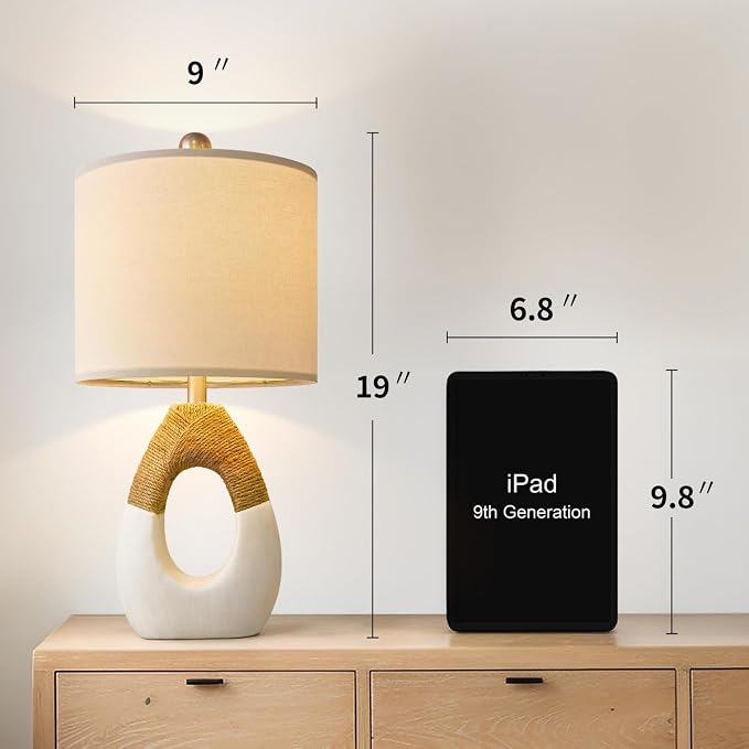 19'' Small Boho Table Lamps for Bedroom Set of 2, Farmhouse Rattan Bedroom Lamps for Living Room Rustic Home Decor, Nightstand Bedside Lamps for Sofa Table Entry Way, Suitable for Small Places