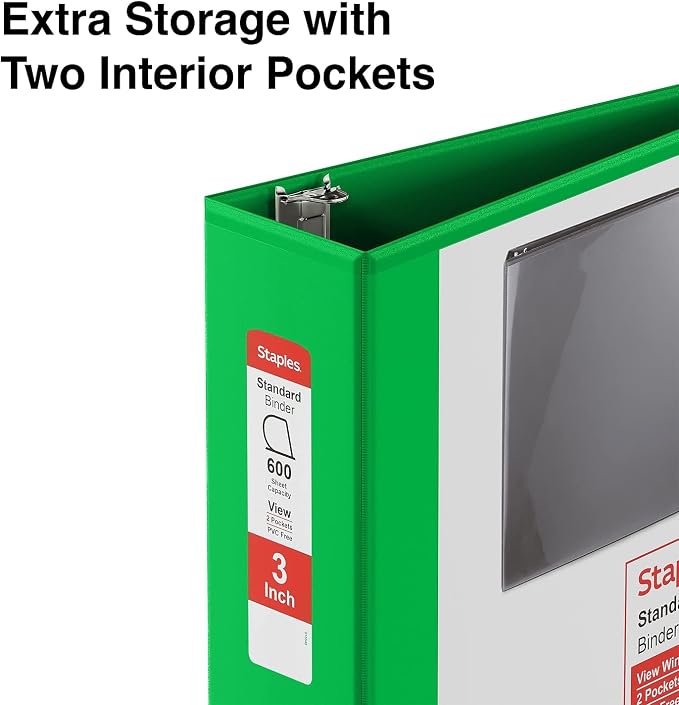 Staples Standard 3-Inch D-Ring Non-View Binder, Holds Up to 600 Sheets, Green, Large Capacity Binder for Office & School