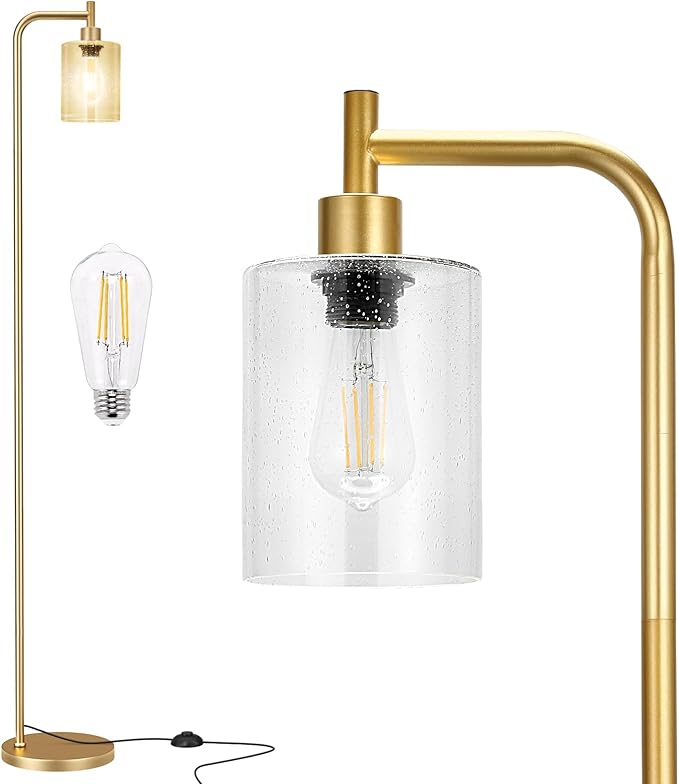 Ziisee Floor Lamps for Living Room - Standing Lamp with Seeded Glass Shade, Modern Gold Floor Lamp with LED Bulbs, Bright Industrial Floor Lamp for Bedroom, Tall Lamp for Office - Gold