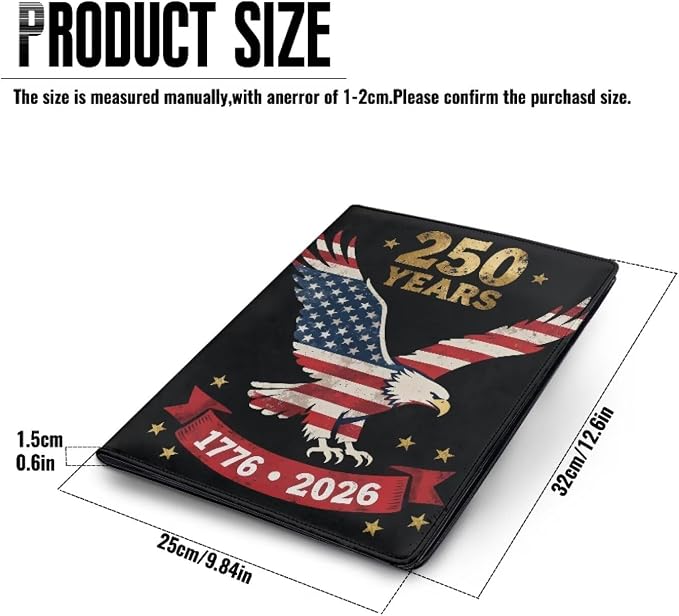 Dreaweet 250 Years Eagle Flag Portfolio Folder for Documents 250th Anniversary Leather Padfolio Binder Organizer Letter Size Notepad Business Card Holder for Women Men