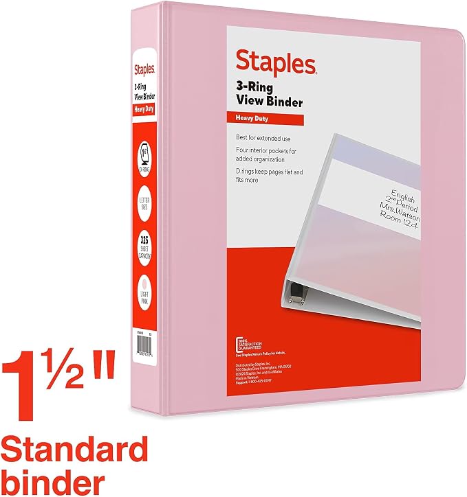 Staples Heavy Duty 1 1/2" 3-Ring View Binder, D-Ring, Light Pink